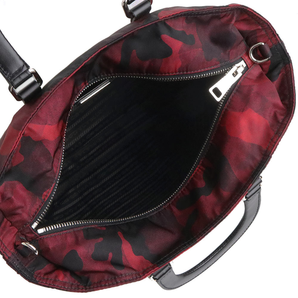 （中古）プラダ PRADA 2WAY ショルダー ハンドバッグ 斜め掛け カモフラージュ 迷彩 テスート ナイロン レザー ブラック ボルドー 黒 赤 シルバー金具 BN2791 中古】プラダ PRADA 2WAY ショルダー ハンドバッグ 斜め掛け