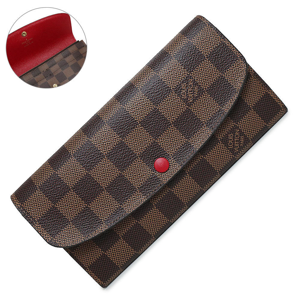 【未使用保管品】ルイ ヴィトン LOUIS VUITTON ポルトフォイユ エミリー 二つ折り長財布 ダミエ ブラウン ルージュ レッド 茶 赤  ゴールド金具 N63544 イニシャル入り 箱付