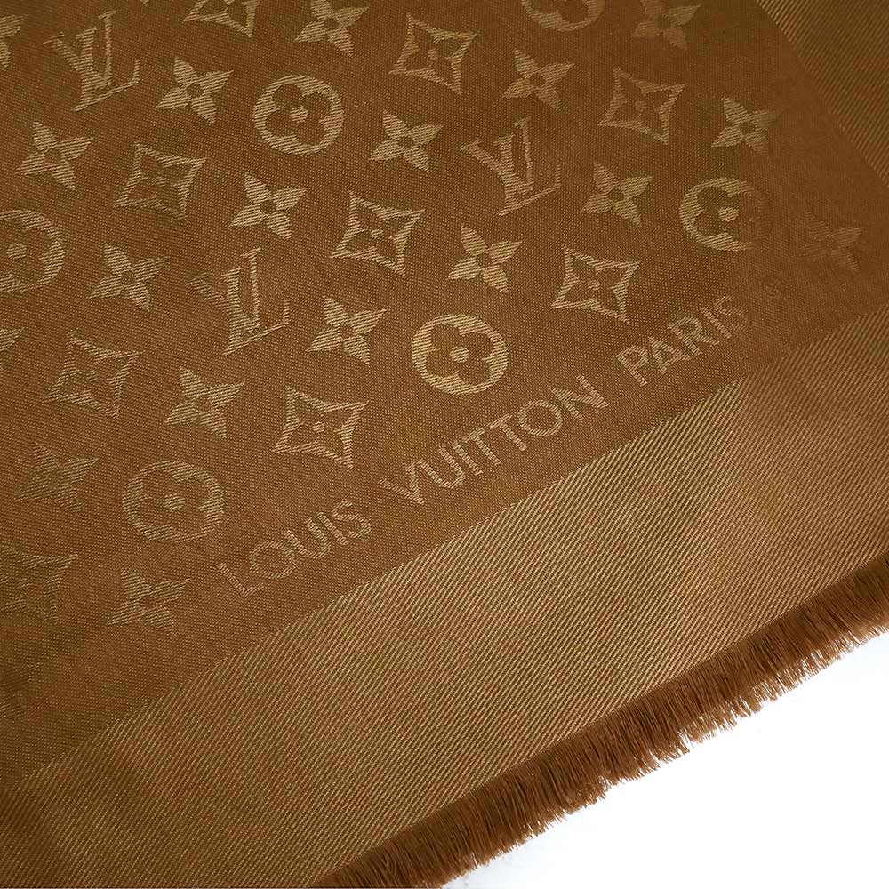 【未使用保管品】ルイ ヴィトン LOUIS VUITTON ショール モノグラム 大判 ストール スカーフ シルク ウール キャメル ライトブラウン  茶 M71339 箱付