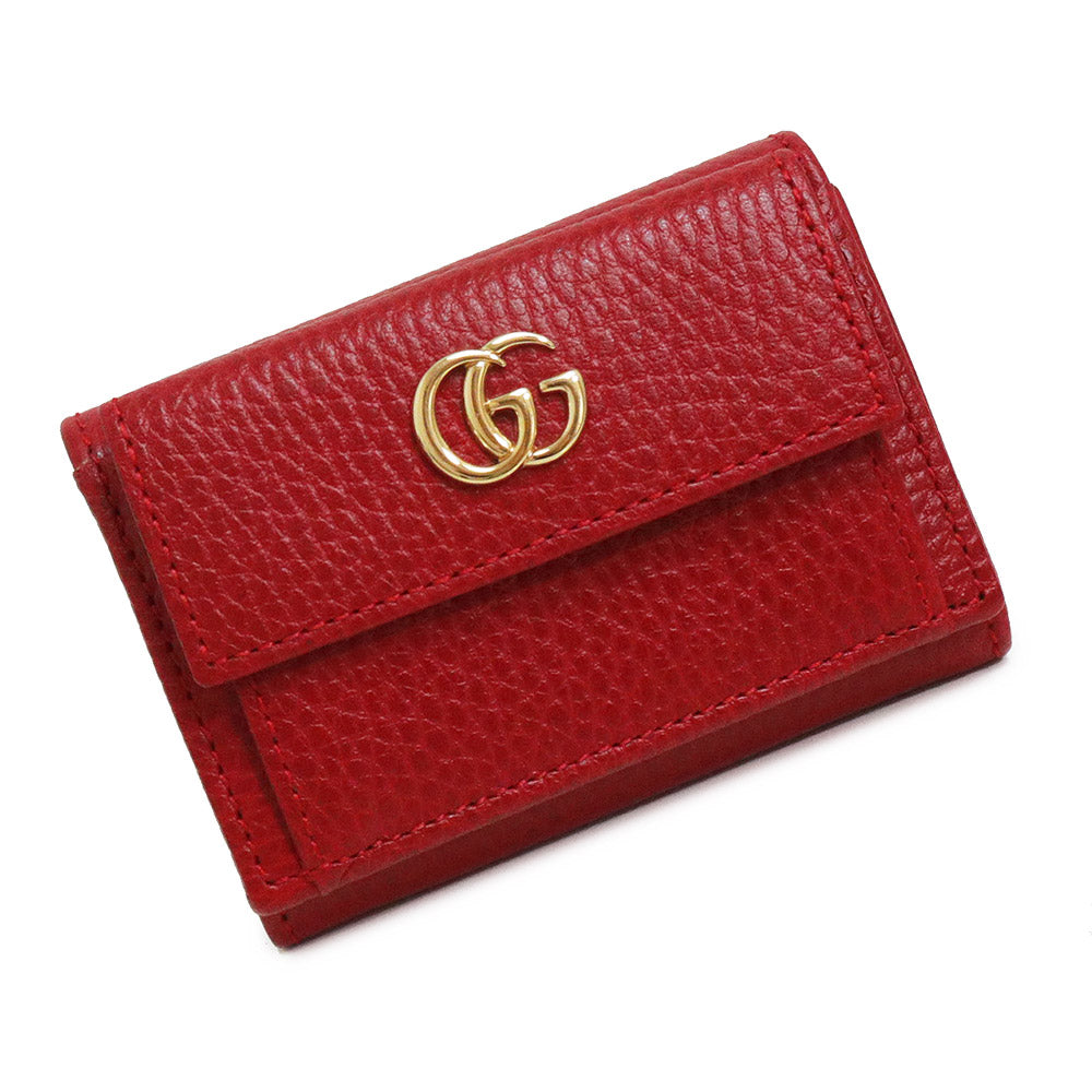 【未使用　展示品】グッチ GUCCI GGプチマーモント コンパクト 三つ折り財布 カーフスキン レザー ハイビスカスレッド 赤 ゴールド金具  523277 箱付