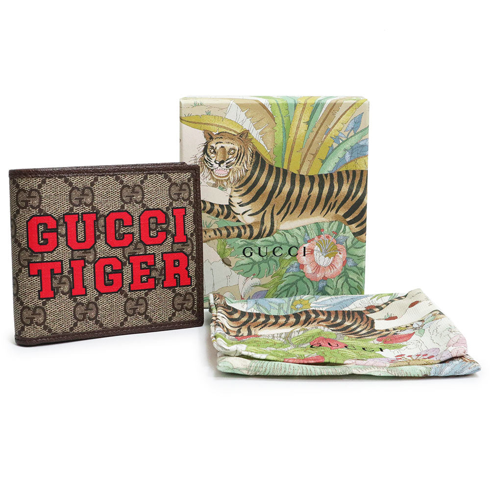 【新品・未使用品】グッチ GUCCI TIGER タイガー ロゴプリント コインウォレット 二つ折り財布 GGスプリームキャンバス ベージュ ブラウン  茶 アンティークゴールド金具 673000 箱付