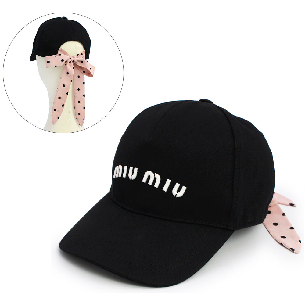 （美品）ミュウミュウ miu miu ロゴ バックリボン ドット 水玉 ベースボールキャップ 帽子 Mサイズ コットン100％ ネロ ジェンマ ブラック ピンク 5HC256 美品】ミュウミュウ miu miu ロゴ バックリボン ドット 水玉 ベース